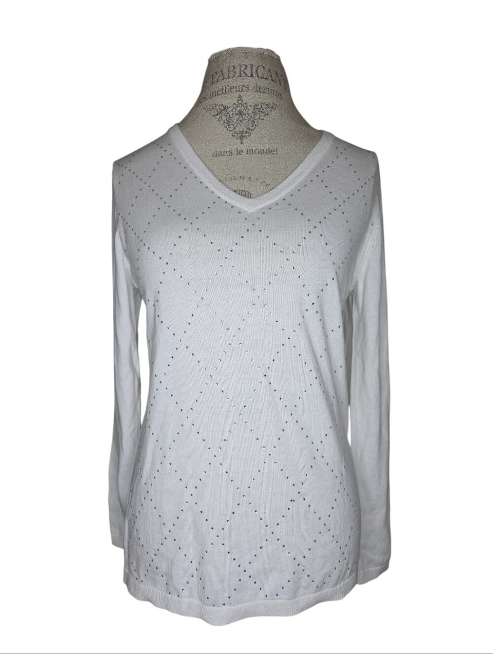 Tommy Hilfiger Rhinestone Studded Argyle V Neck Long Sleeve Sweater Size M NWT